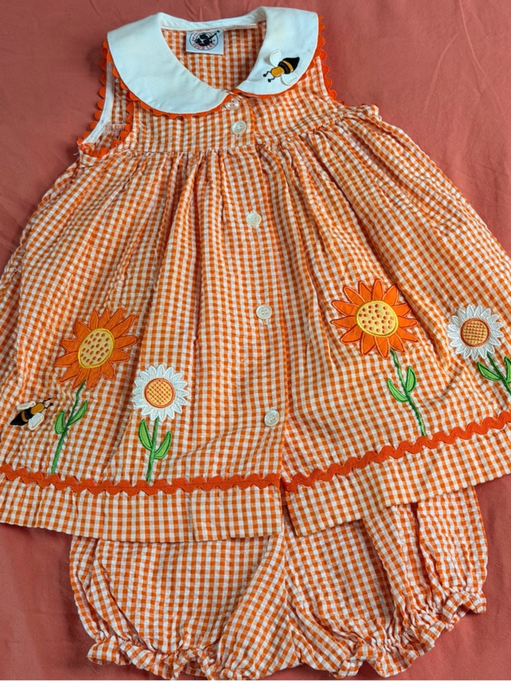 Good Lad Orange Seersucker Applique Sunflower/Bees Baby Dress w/Bloomers, 24 mos